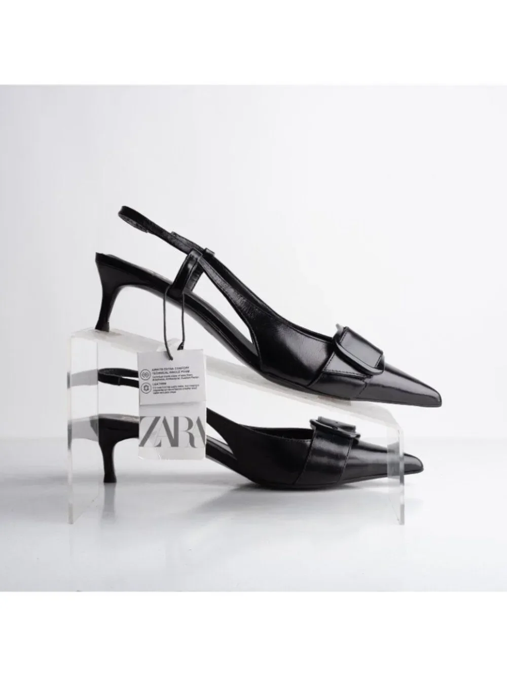 Zara Womens Leather Slingbacks Heels Pumps Black Pointed Toe US 7.5 EU 38 NWB
